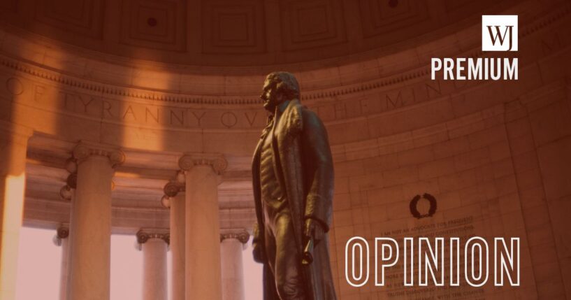 Rudulph Evans' statue of Thomas Jefferson, with excerpts of the Declaration of Independence seen behind, Thomas Jefferson Memorial, Washington, D.C., in March 1985.