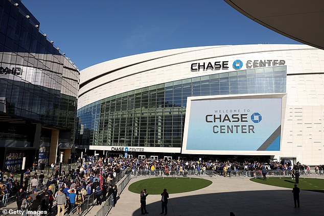 Speaking at the San Francisco Chase Center (pictured) on Monday, Dimon said Lurie has been 'doing all the right stuff' as crime rates have plummeted in the downtown retail hub
