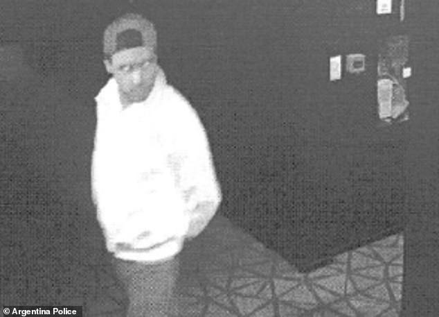 Liam in the hallway of the hotel. CCTV footage shows him pacing back and forth. He goes up and down to his room multiple times to take more drugs