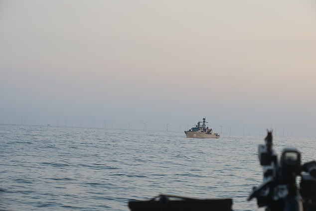 Neustrashimy was shadowed by HMS Tyne, an offshore patrol vessel. Pictured: A view of the Russian warship from a British vessel
