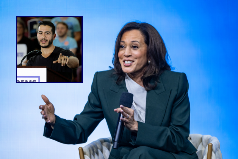 (Background) Former Vice President Kamala Harris speaks on stage during the Austrian World Summit at Hofburg Congress Center on June 16, 2026 in Vienna, Austria. The Austrian World Summit is an annual climate conference which has taken place in Vienna since 2017. (Photo by Christian Bruna/Getty Images) / (L) US Democratic Senate candidate from Michigan Abdul El-Sayed speaks during the Michigan Democratic Party General Election Kickoff Rally at Renaissance High School in Detroit, Michigan, on August 7, 2026. (Photo by JEFF KOWALSKY / AFP via Getty Images)