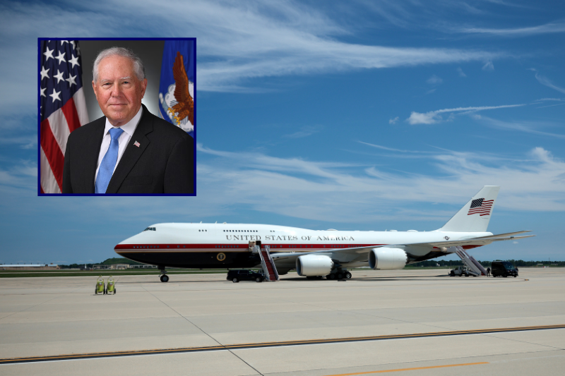 (Background) VC-25B Bridge, an interim Air Force One presidential aircraft, stands ready on the tarmac on August 04, 2026 in Joint Base Andrews, Maryland. U.S. President Donald Trump is traveling to Los Angeles to attend a fund raising event and onto Las Vegas for a rally on Wednesday. The "bridge" aircraft, a $400 million gift from Qatar, is a modified Boeing 747-8 that bridges the gap until fully customized long-term replacement Air Foce One planes are completed. (Photo by Chip Somodevilla/Getty Images) / (L) former Air Force Secretary Frank Kendall (via: U.S. Air Force)