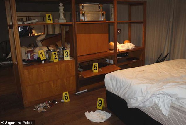 The hotel room is seen covered in evidence markers following Liam's death. Drug paraphernalia littered the room, including burned Coca-Cola can lids, a blackened spoon and half-burned candles