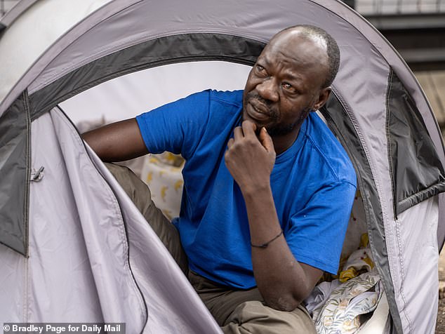 While most people at the camp refused to talk, two were happy to speak - including Hamide (pictured), an illegal immigrant who left Sudan in 2020 and arrived in Britain on a dinghy several years ago