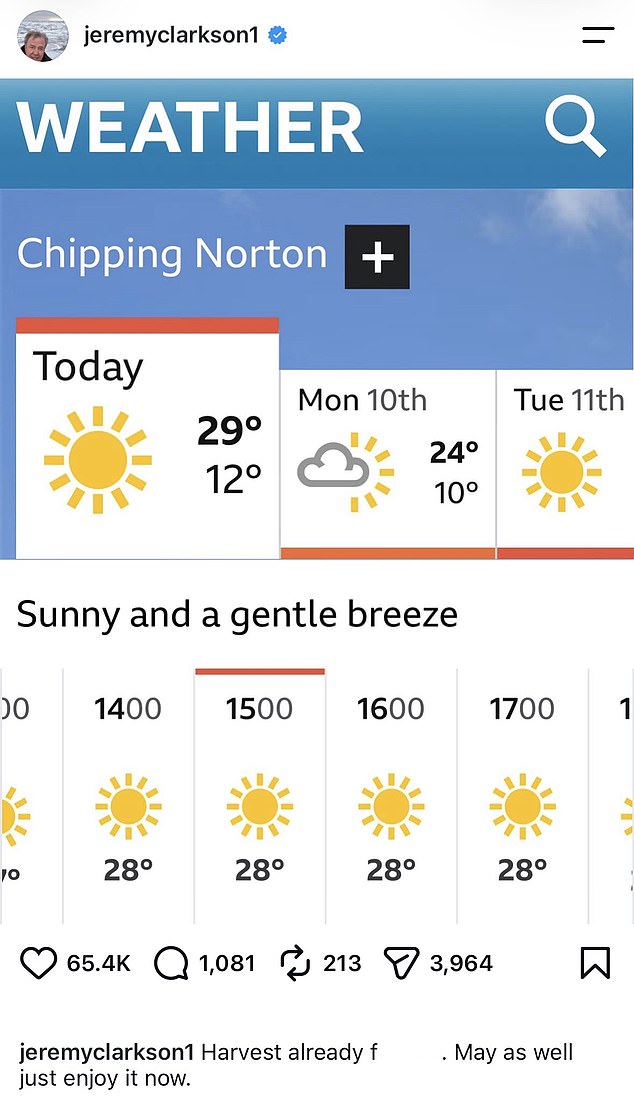 Jeremy Clarkson says harvest at his Diddly Squat Farm is 'f*****' in bleak update as heatwaves ruin crops across UK and threaten food shortages