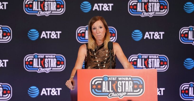 WNBA Commissioner Cathy Engelbert answers questions at a news conference in Chicago on July 25, 2026.