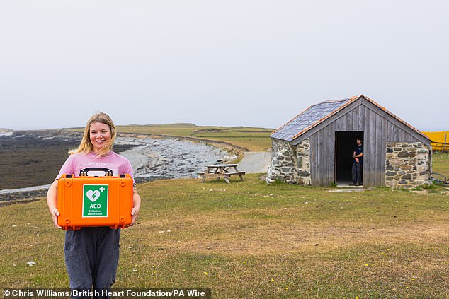Located two miles from the mainland, the remote Welsh island of Ynys Enlli (Bardsey Island) is home to just four human residents and hundreds of sheep. Lois Roberts and Aron Llwyd, both 29, make up half of the population and are the full-time wardens of this thinly inhabited island. They are also the Guardians of this defibrillator.