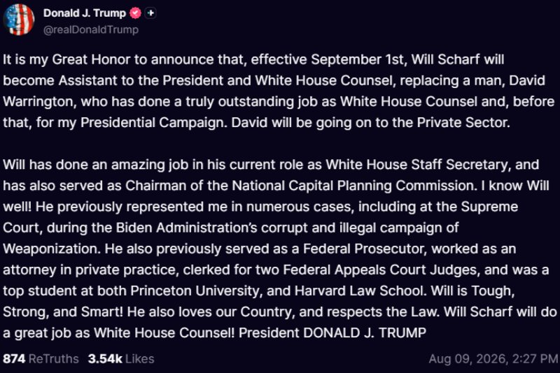 President Donald Trump Truth Social post