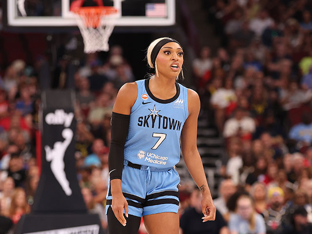 DiJonai Carrington #7 of the Chicago Sky looks on against the Indiana Fever during the first half at United Center on August 08, 2026 in Chicago, Illinois. NOTE TO USER: User expressly acknowledges and agrees that, by downloading and or using this photograph, User is consenting to the terms and conditions of the Getty Images License Agreement. (Photo by Michael Reaves/Getty Images)