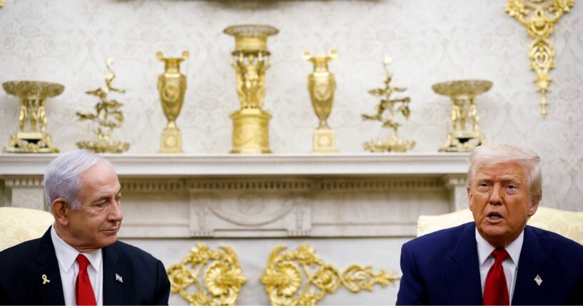 President Donald Trump, accompanied by Israeli Prime Minister Benjamin Netanyahu, speaks during a meeting in the Oval Office of the White House on April 7, 2025, in Washington, D.C.