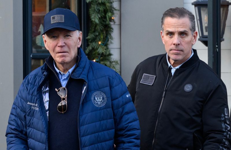 A November 29, 2024 photo shows US President Joe Biden and son Hunter Biden stepping out of a bookstore while shopping in Nantucket, Massachusetts on November 29, 2024. Biden on Sunday issued an official pardon for his son Hunter, who is facing sentencing for two criminal cases related to tax evasion and the purchase of a firearm. (Photo by Mandel NGAN / AFP) (Photo by MANDEL NGAN/AFP via Getty Images)