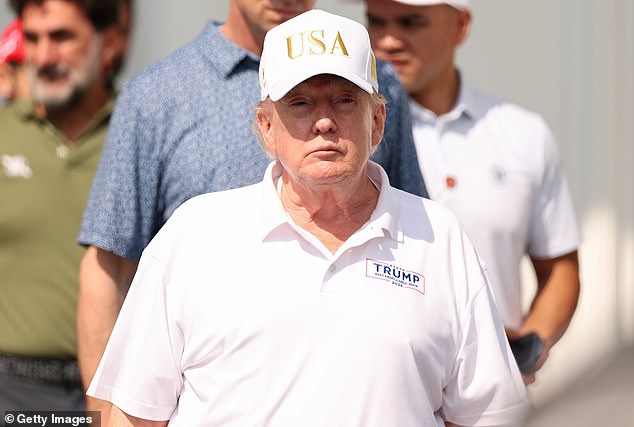 President Donald Trump exits the clubhouse during day four of LIV Golf New York at Trump National Golf Club on August 9, 2026 in Bedminster, New Jersey