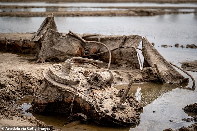 A view of the exposed riverbed of the Danube, after exceptionally low water levels revealed the remains of an old WWII-era ship from the riverbed in Baja, Hungary on August 8, 2026