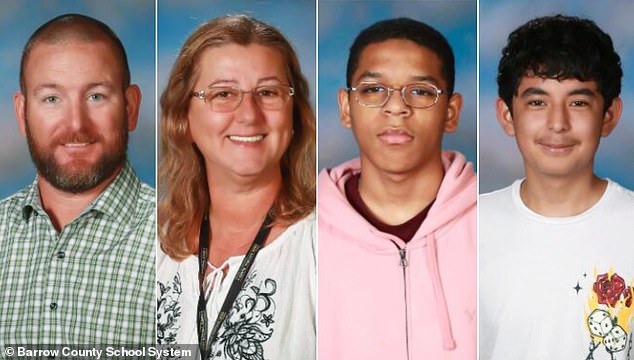 Mason Schermerhorn (second right) and Christian Angulo (far right), both 14, Richard Aspinwall, 39 (far left), and Cristina Irimie, 53 (second left), were killed in the shooting at Apalachee High School on September 4, 2024