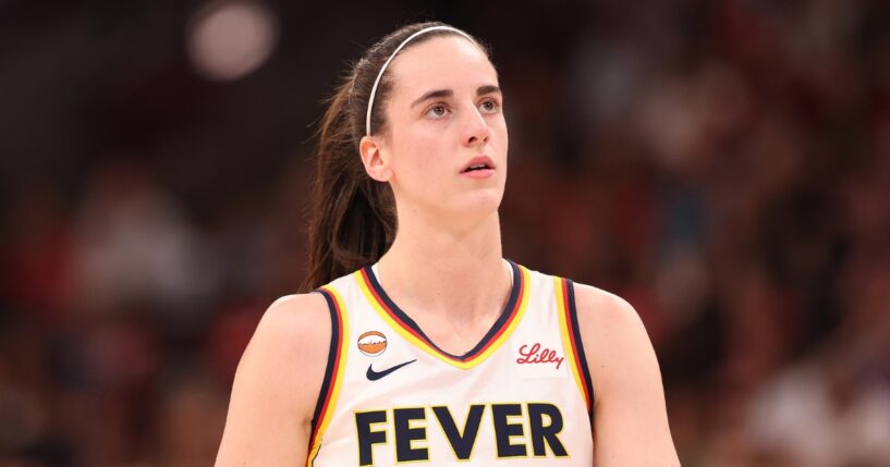 Caitlin Clark of the Indiana Fever reacts against the Chicago Sky during the first half at United Center on Aug. 8, 2026, in Chicago, Illinois.