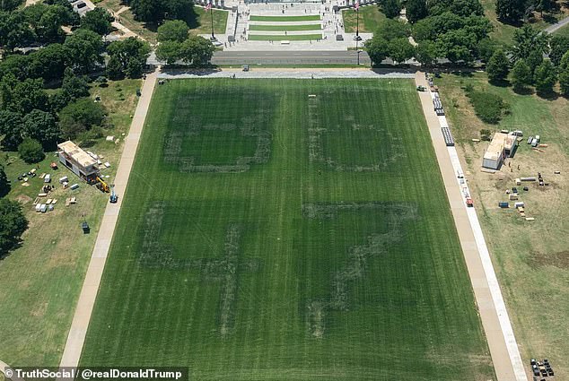Trump has claimed an 'acid like material' was used on the grass near the pool and referenced how the phrase '86 47' appeared on the lawn, as seen in a photograph that Trump shared on Truth Social on August 1