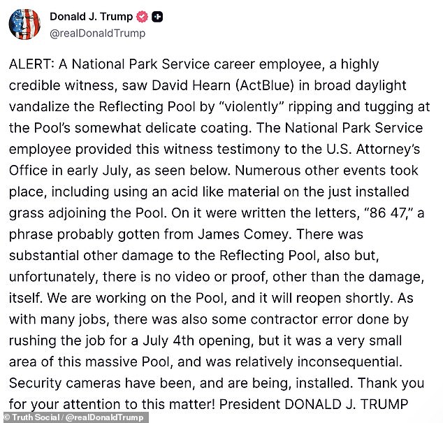 Trump, in a post on his Truth Social platform Sunday night, doubled down on his claims that the '86 47' etched into the grass near the pool was an act of vandalism