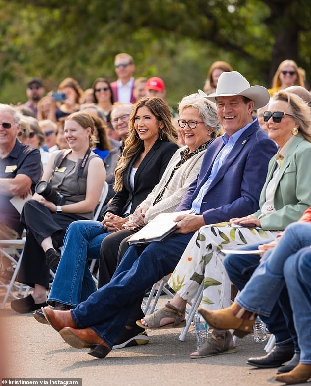 Noem was joined by her mother Corinne, children, and grandchildren, but her husband Bryon Noem, and long-rumored lover Corey Lewandowski were noticeably absent