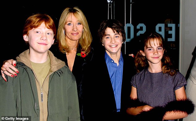 Actors Rupert Grint, Author JK Rowling, Daniel Radcliffe and Emma Watson at the premiere for the first Harry Potter film