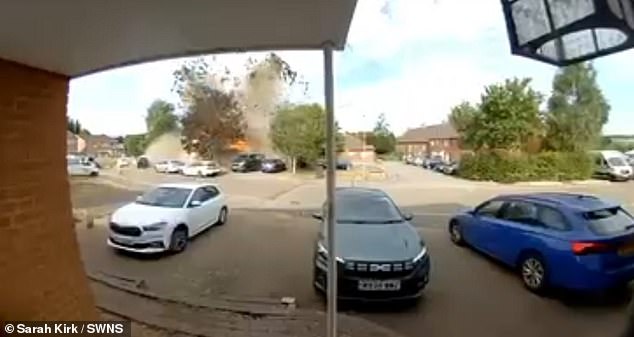 The property in Newton Longville, near Milton Keynes in Buckinghamshire was caught on doorbell video exploding at 9.44am on Sunday