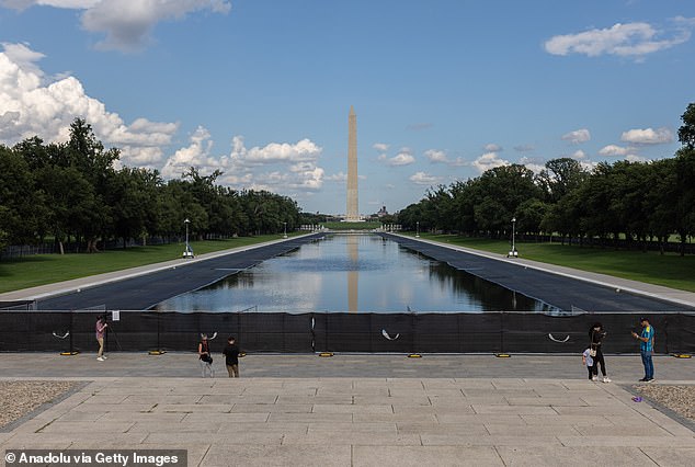 The Lincoln Memorial Reflecting Pool is seen partially filled with water on August 7. Trump says security cameras are being installed at the pool, which will reopen soon