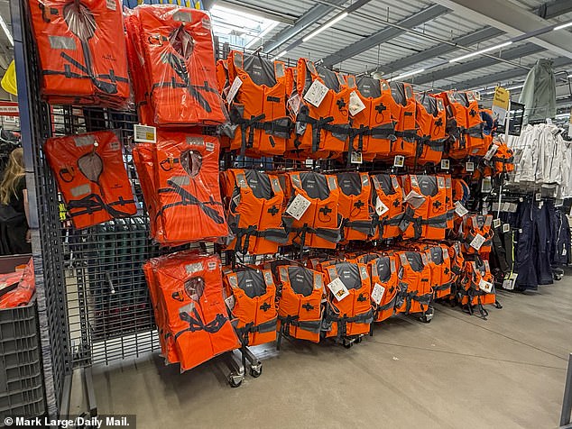 Life jackets for sale at the French sports superstore Decathlon in Dunkirk