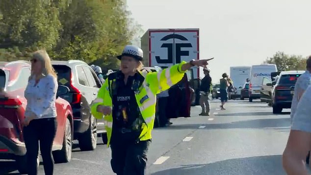 A policewoman was filmed directing drivers to the central reservation after a van fire spread to the vegetation by the westbound carriageway near the New Forest
