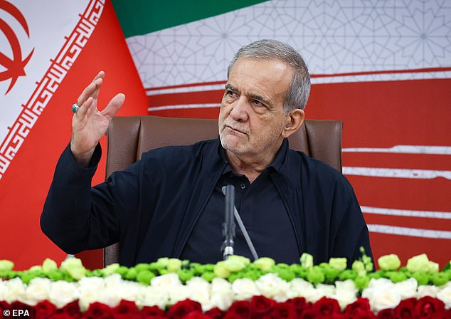 Iranian President Masoud Pezeshkian attending a press conference in Tehran, Iran, on Saturday. Iran issued a list of demands to the US that same day as both sides seek a deal over the Strait of Hormuz