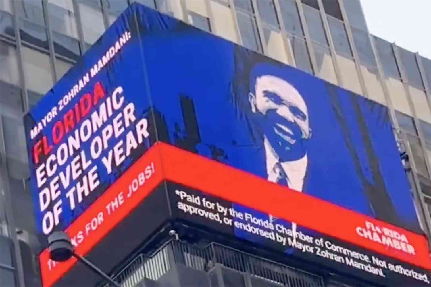 Thumbnail for Florida names Mamdani "Economic Developer of the Year" with giant billboard in Times Square