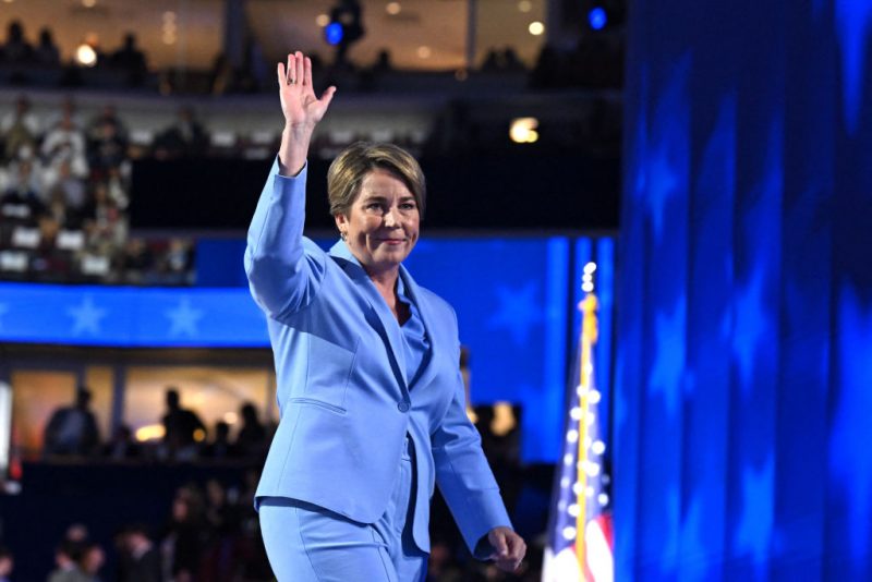 Governor of Massachusetts Maura Healey waves as she walks off stage after speaking on the fourth and last day of the Democratic National Convention (DNC) at the United Center in Chicago, Illinois, on August 22, 2024. (Photo by SAUL LOEB/AFP via Getty Images)