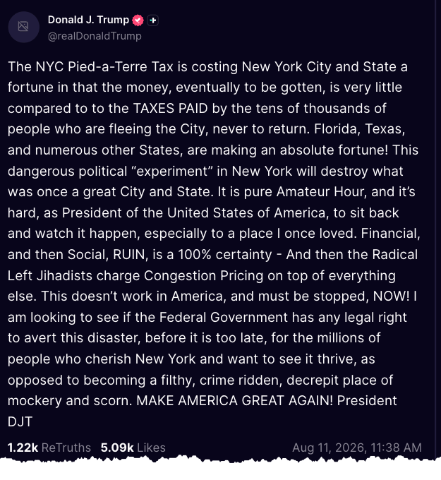 Trump Weighs Federal Challenge To Mamdani's Socialist Tax "Experiment," Warns It Will Doom NYC