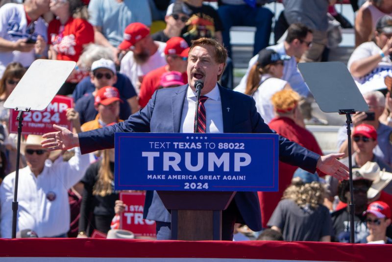 Michael Lindell speaks during a 2024 election campaign rally held by Donald Trump in Waco, Texas, March 25, 2023. (Photo by SUZANNE CORDEIRO/AFP via Getty Images)