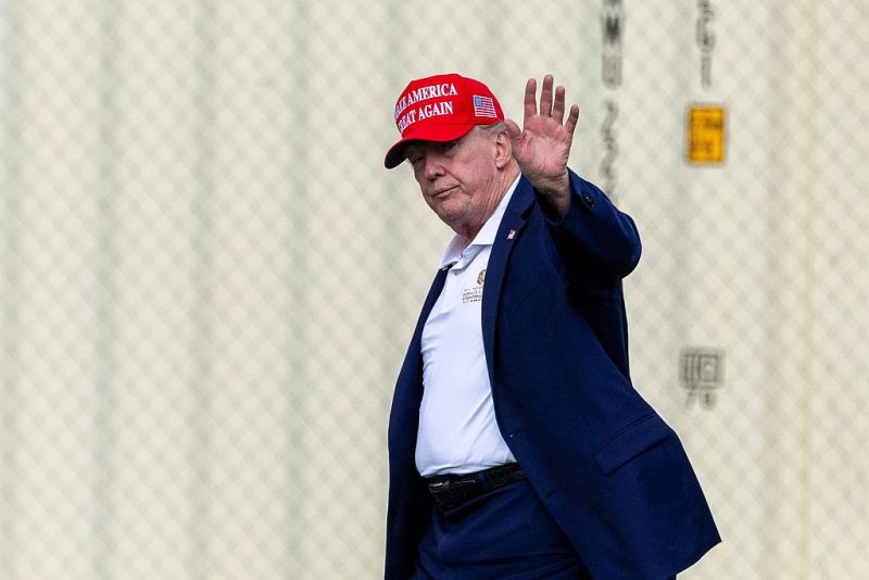 U.S. President Donald Trump waves to the press after landing at the Ellipse near the White House on August 16, 2026 in Washington, DC. (Photo by Tasos Katopodis/Getty Images)