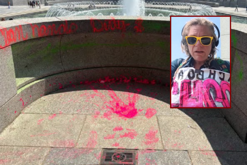 (Background) The vandalized World War II Memorial on August 13, 2026. (via: U.S. Department of Justice) / (R) Melissa Farris (via: U.S. Attorney Jeanine Pirro; X)