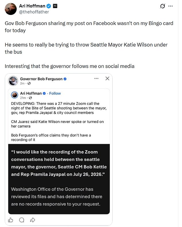 Washington Governor Bob Ferguson shared a post from journalist Ari Hoffman this week which criticized Wilson's response to a shooting at a food festival on July 27 that left three people dead