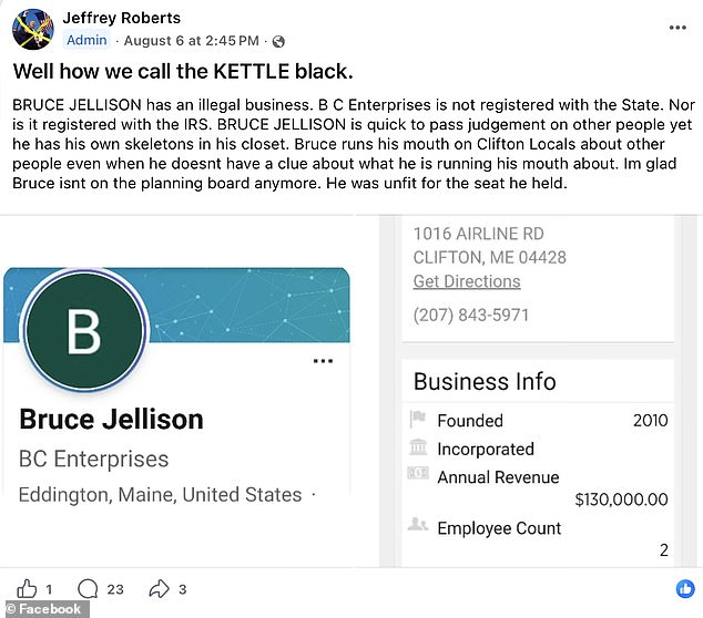 Roberts also targeted Planning Board chairman Bruce Jellison by publishing information about his business and alleging it was not properly registered