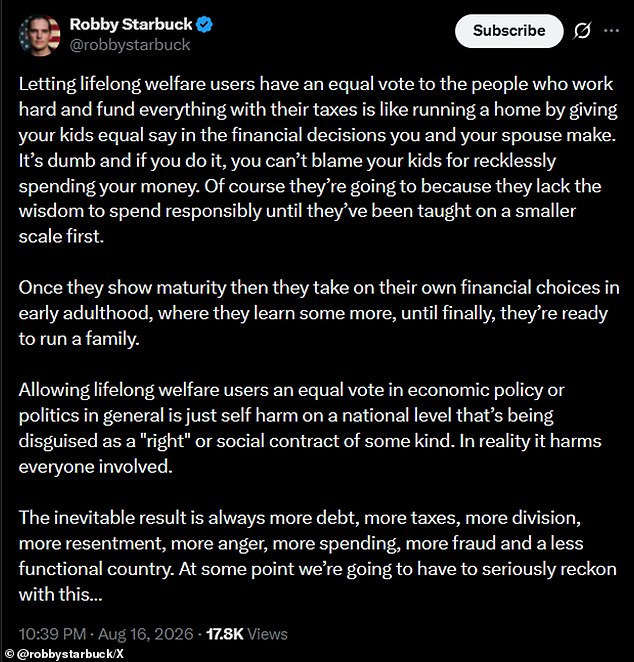 Starbuck, 37, made the remarks in a series of social media posts that criticized what he framed as a culture of dependency