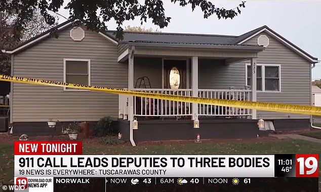 Police tape surrounds the Ohio home where deputies made the grim discovery after a mystery caller dialed 911 and softly said 'help'