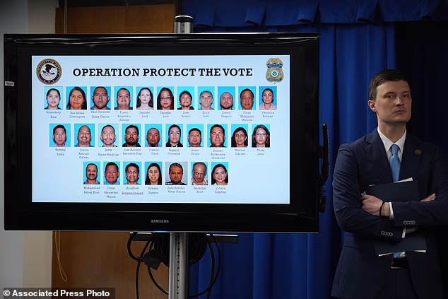 Acting US Deputy Attorney General Trent McCotter stands next to a display showing photos of people charged with illegally registering to vote during a news conference in LA on Monday