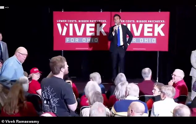 Vivek Ramaswamy was heckled by a rally attendee on Tuesday evening, who was ultimately kicked out for shouting about his ad attack against opponent Amy Acton.