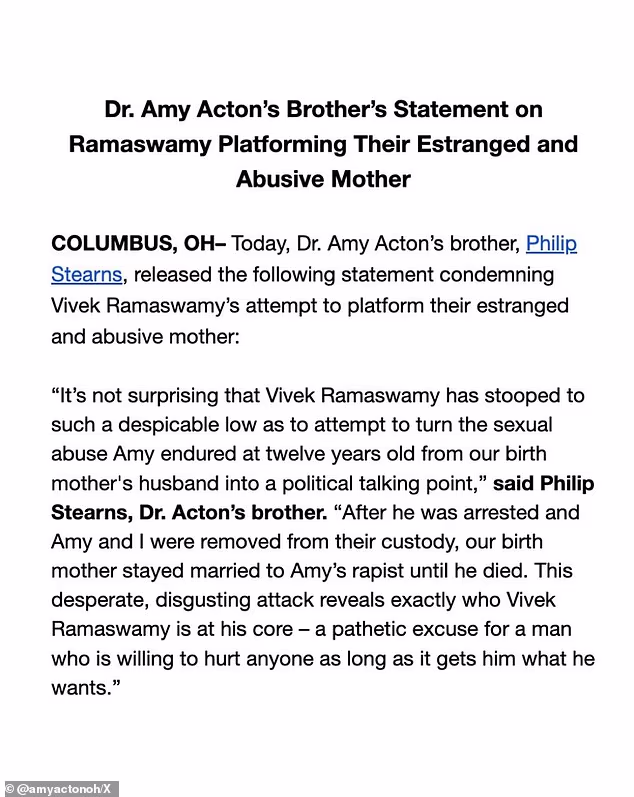 Acton's team issued a statement from her brother condemning the attacks from their mother.