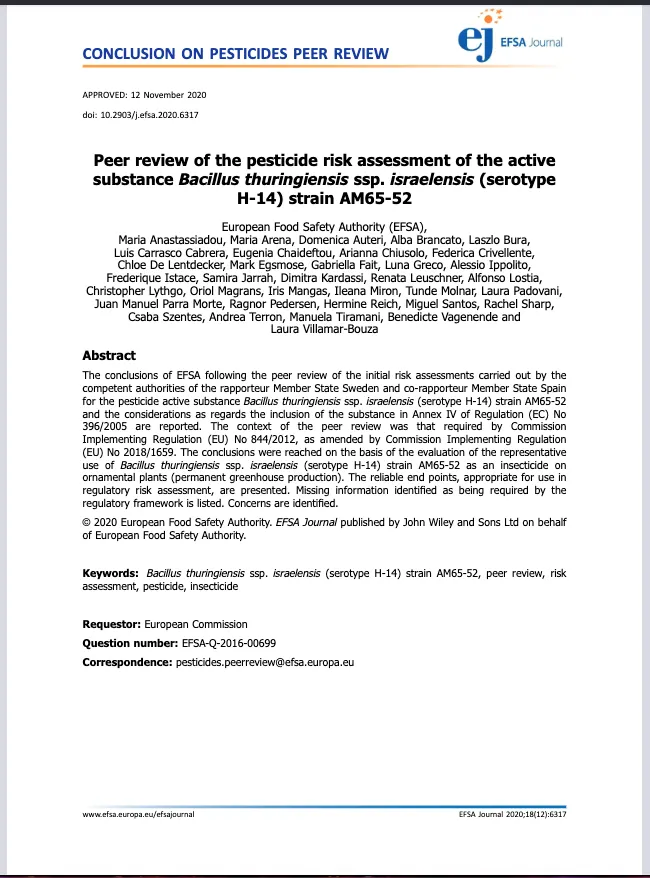 November 12, 2020, European Food Safety Authority (EFSA) peer review of Bacillus thuringiensis israelensis strain AM65-52, used in VectoMax FG.