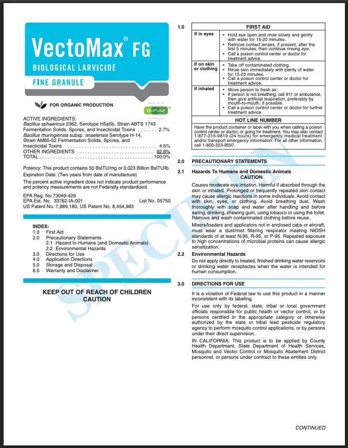 VectoMax FG manufacturer's EPA-registered product label identifies bacterial fermentation solids, spores, and insecticidal toxins as active ingredients, with 92.8% listed as other ingredients.