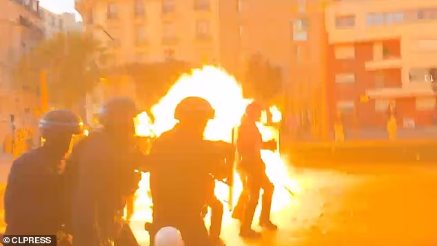 Pictured: Police stand next to fire in Paris