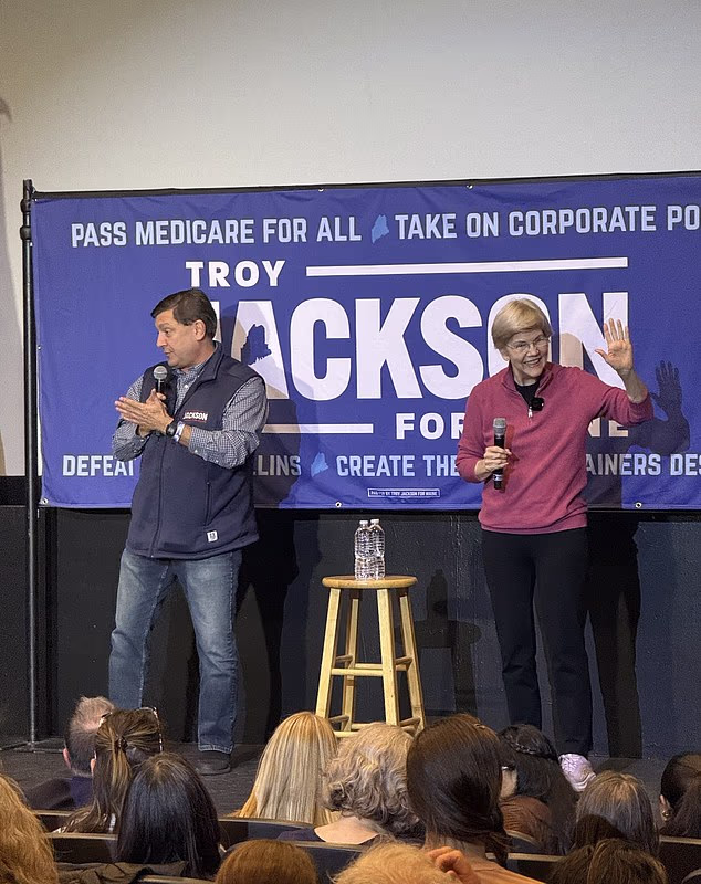 Jackson camapaigned alongside Senator Elizabeth Warren on Monday in Waterville, Maine. At the event he spoke out about growing corporate power undermining working class families and noted how he is against 'for-profit' higher education, two progressive platforms